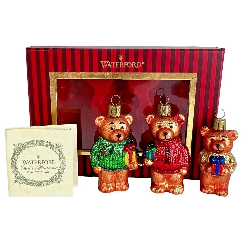 3 Waterford Christmas Teddy Bear Ornament Hand Painted Glass Holiday Heirloom
